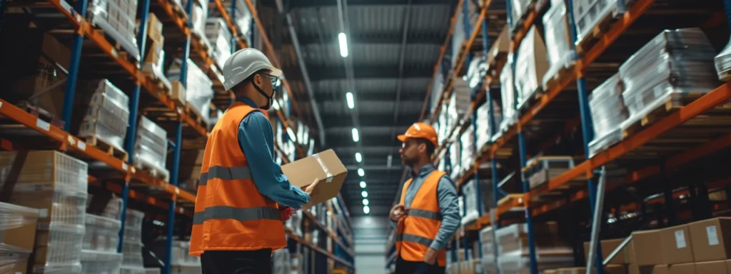 a professional business team aligning and securing warehouse racks.