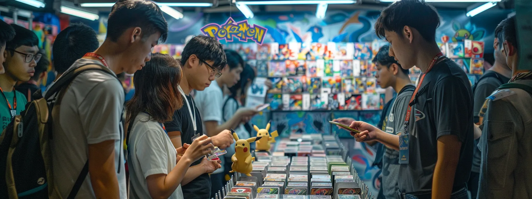 a group of professionals stands around a pokemon card display, deep in discussion about the best protection options for collectors.