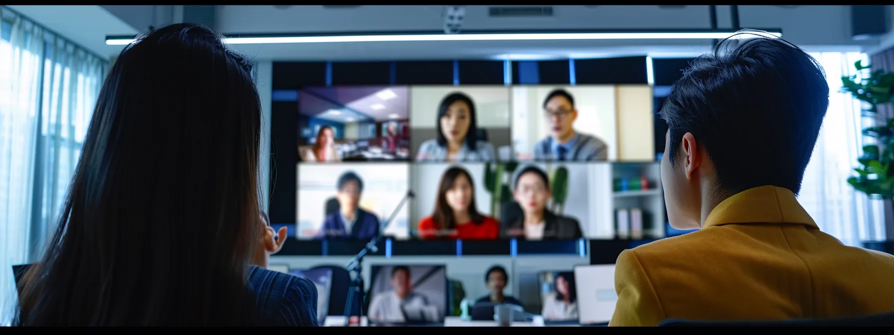 a team member with a high 'd' score confidently leading a virtual meeting with a group of attentive team members.
