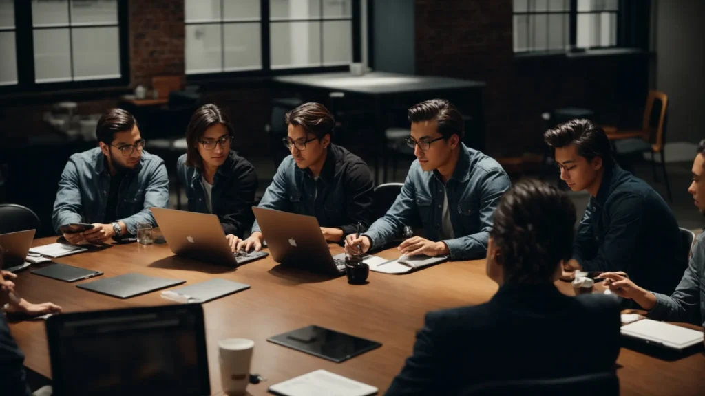 a team of professionals collaborate around a large table, brainstorming over laptops and digital tablets.
