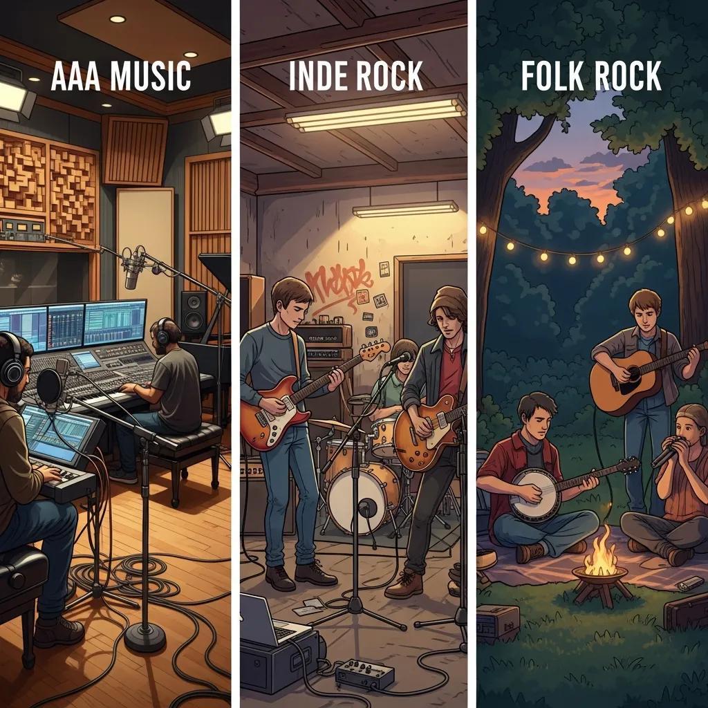 Contrasting scenes of AAA music production and indie rock DIY environment