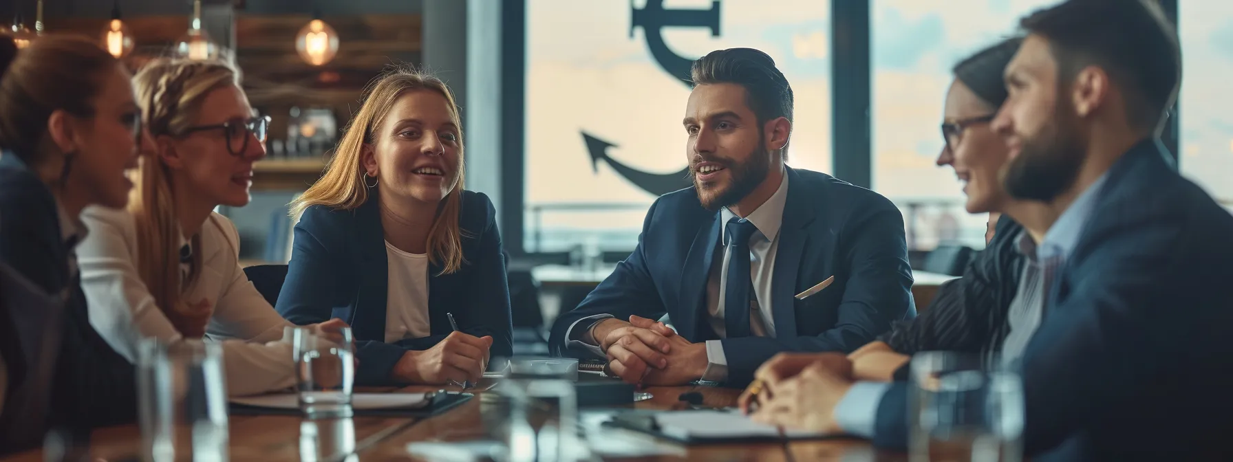 How Taking Online Courses Transforms Skill Development 2 group of professionals in business attire discussing online courses and career advancement outcomes next to an anchor symbol.