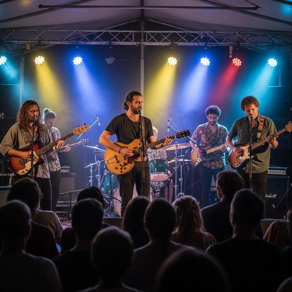 Diverse independent musicians performing at a lively outdoor festival, capturing the essence of indie music culture