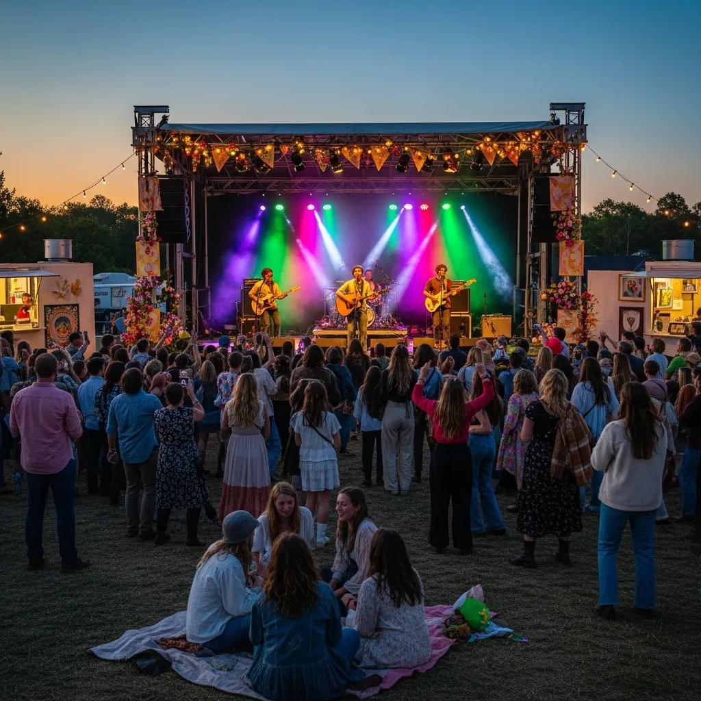 Lively crowd at an indie music festival, enjoying live performances and celebrating the vibrant indie music culture