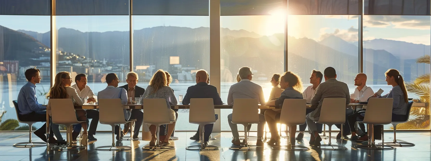 a group of professionals engaged in a lively discussion around a table with a large anchor as the focal point.