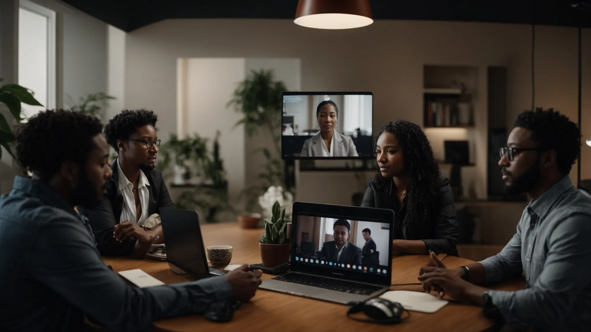users 7dd1dc79 7cb9 40c2 b5f8 d0e040fa311b generations 7e24678c 4a40 43a6 a56c 294b43ba97fd PhotoReal a team of diverse professionals engages in a virtual 0