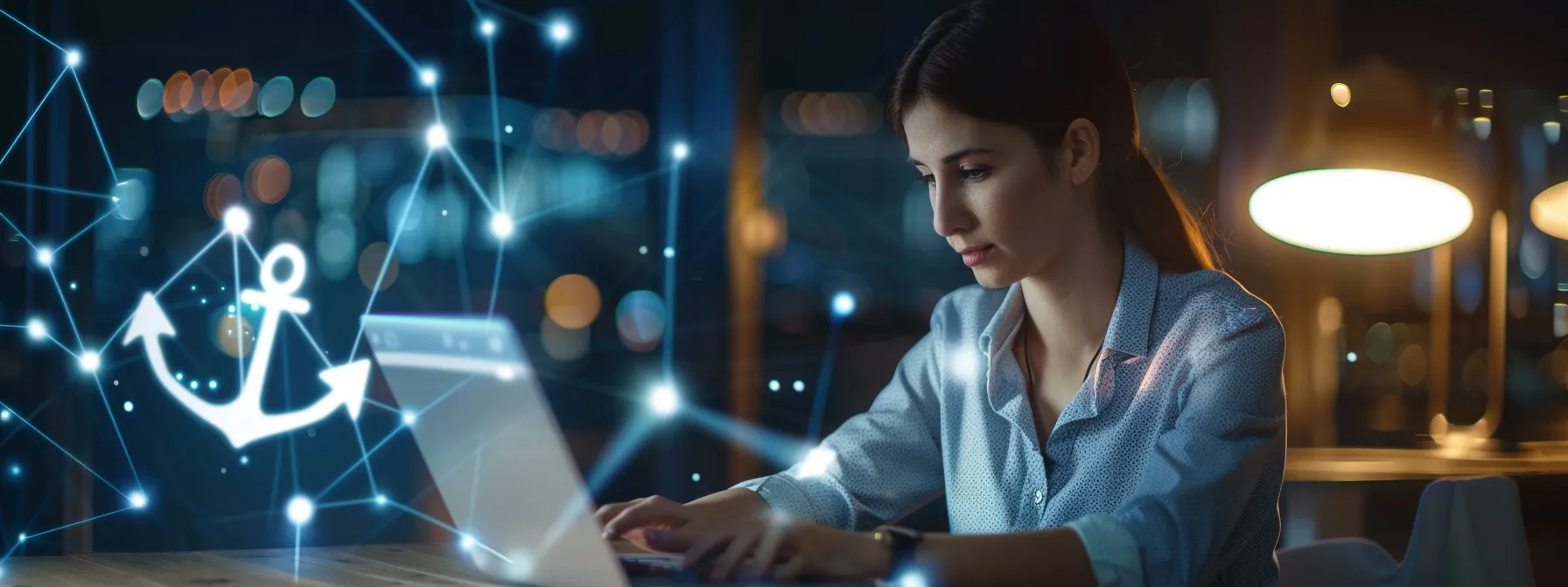 How Taking Online Courses Transforms Skill Development 1 a professional businesswoman engaged in an online course with a laptop and anchor symbol in the background.