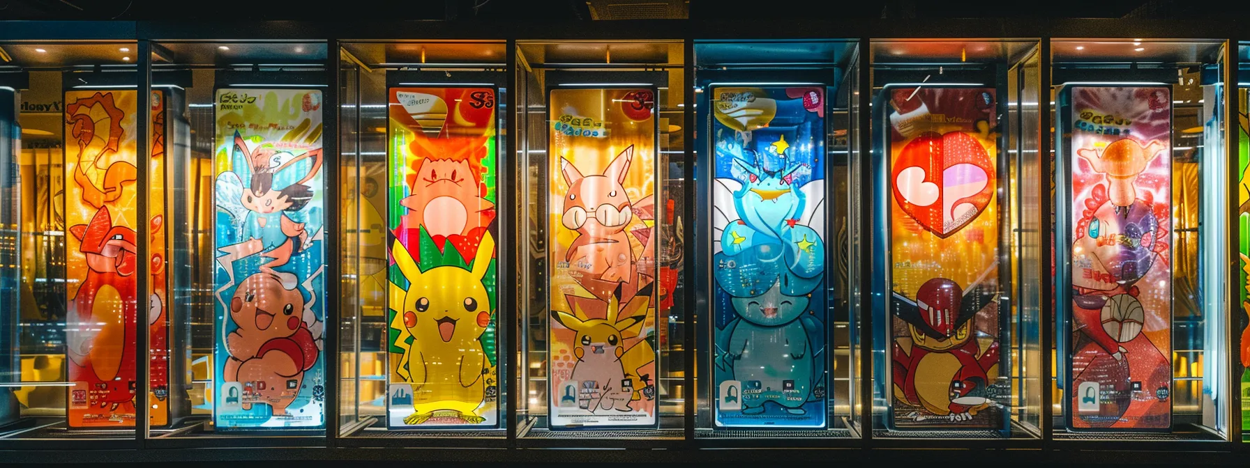a vibrant collection of pokémon cards showcased in a sleek, transparent acrylic display.