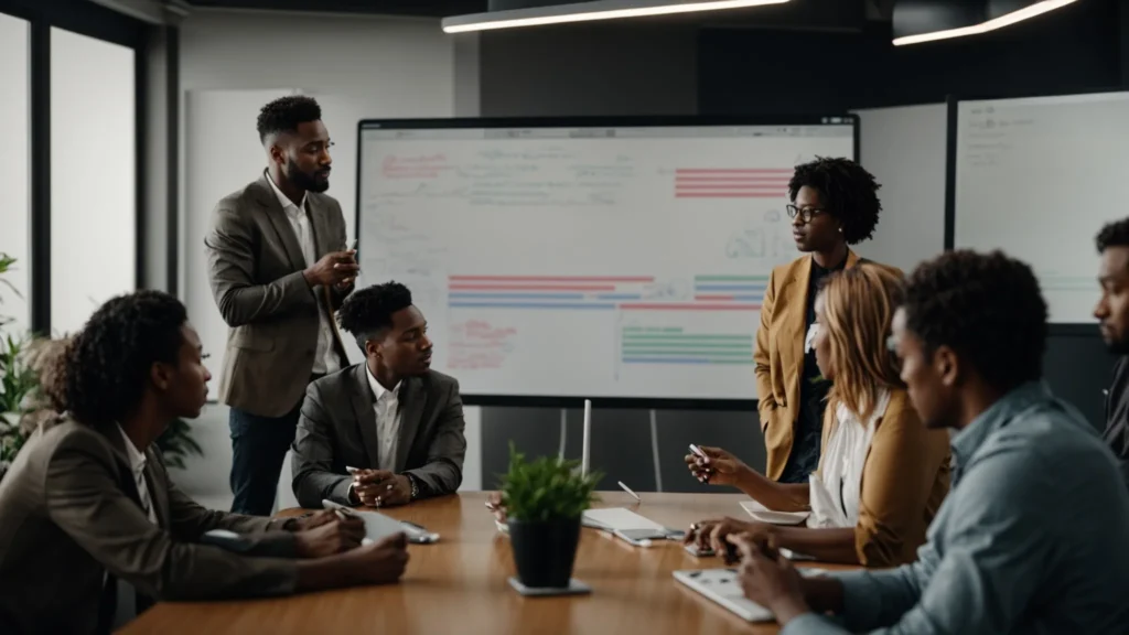 a group of diverse professionals engage in a vibrant discussion around a digital whiteboard.