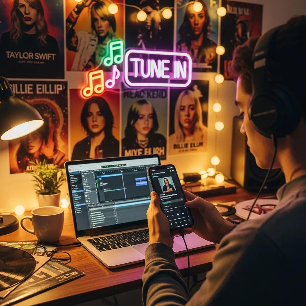 Person streaming AAA radio on a smartphone with headphones, surrounded by music-themed decor, highlighting the digital music experience.